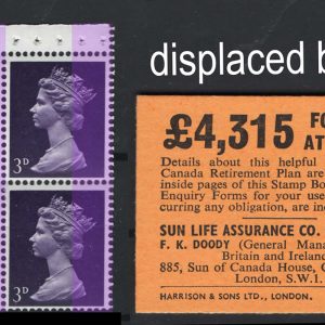 #521 GB 1968 Machin 1d/3d se-tenant pane um displaced bands, also broad band, fair perfs sg724Lvar+ in complete Aug68 2s booklet