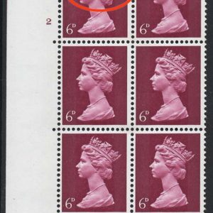 #520 GB 1967 Machin 6d cyl 2 no dot blk of 6 um incl r18/1 hair flaw sg736 Spec U18b