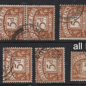 #486 GB 1955 Edward wmk 5d postage dues sgD52 13x fu cds copies (interesting shades) cat £130