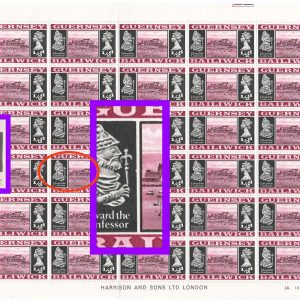 #610 Guernsey 1969 ½d r4/2 nick in frame V270 um 2x plate 1A sheets of 30 to show constant
