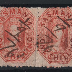 #737 Tasmania 1871 1s brown-red perf 11½ double line wmk displaced ('1' of wmk straddles perfs) fu pair, pen cancel sg140