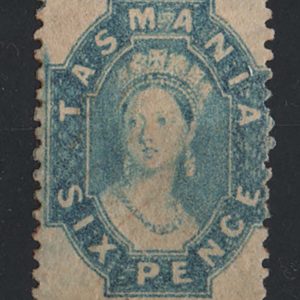 #735 Tasmania 1863 6d double line wmk perf 11½, gum tone otherwise f mint in a blue shade, maybe a variant of sg137, c£250 as cheapest shade