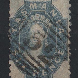 #730 Tasmania 1863 6d dull cobalt, perf 10, double line wmk sg65 fu, perfs as scan c£110