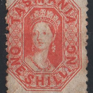#734 Tasmania 1863 1s vermilion, perf 12, double line wmk sg77 fresh mint, a little heavily mounted c£500