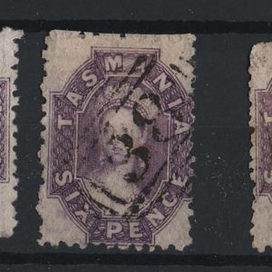 #736 Tasmania 1871 6d double line wmk perf 11½, range of shades fu [5] perfs as scan, sg135, etc c£150+
