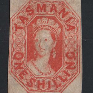 #728 Tasmania 1858 1s vermilion, double line wmk imperf, 4 good-large margins sg41 fresh mint, no gum c£950