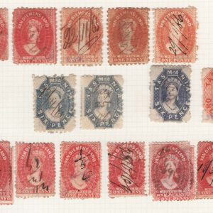 #729 Tasmania 1863 Mainly perf 10 or perf 12 used range with pen cancels sg57, etc ~c£750 as postal cancels