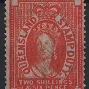 #704 Queensland 1871 2/6d vermilion Stamp Duty, no wmk blue burelé on back sgF29 appears vf mint but probably cleaned fiscal 'c£550'