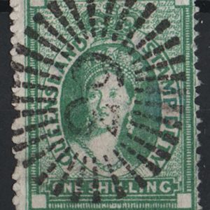 #702 Queensland 1871 1s green Stamp Duty wmk crown/Q sgF18 fu, appears as postal usage c£55