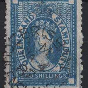 #703 Queensland 1871 2s blue Stamp Duty wmk crown/Q sgF19 fu  Brisbane cds, hint of pen cancel c£85