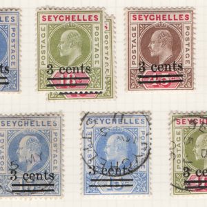 #712 Seychelles 1903 Wmk CA surcharge set 3c on 15c - 3c on 45c vf mint and vfu with a few extras ?varieties sg57-59 c£105