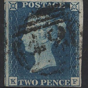 #060 GB 1840 2d blue plate 1 KF fu, Manchester '498' numeral 4 margin, tight at base sg5i, late usage c£2000