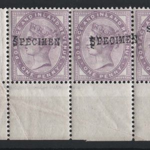 #324 GB 1881 1d lilac, corner strip of 3 without jubilee lines ovpt Specimen type 9, stamps um, sg172s c£180+ as mm