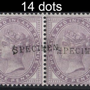 #317 GB 1881 1d lilac 14 dots, um pair ovpt Specimen type 9 displaced so that EN of left copy is on right stamp sg170s c£140+ as mm