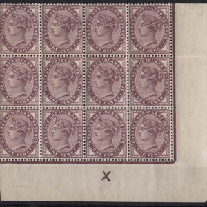 #320 GB 1881 1d lilac um control X blk of 12 with long downstroke of X variety, light even gum tone sg172