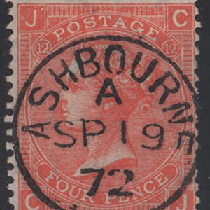 #232 GB 1865 4d vermilion plate 12, vfu crisp Ashbourne cds, odd nibbled perf sg94