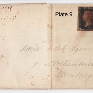 #055 GB 1840 1d black plate 9 KL vgu 4 margins on neat EL to Edinburgh, indistinct red MX, filing crease clear of stamp, sg2