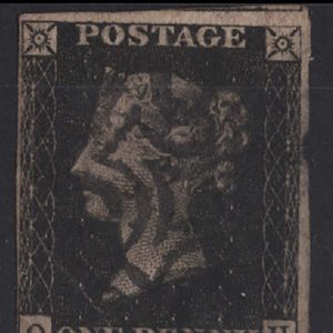 #054 GB 1840 1d black plate 8 QH gu, 4 close to good margins, dented at right, shallow thin, neat black MX sg2