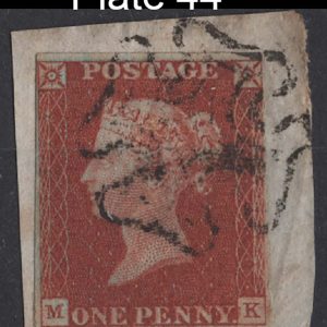 #092 GB 1841 1d red plate 44 MK fu, 4 tight-good margins, with neat MX on piece c£150 sg8