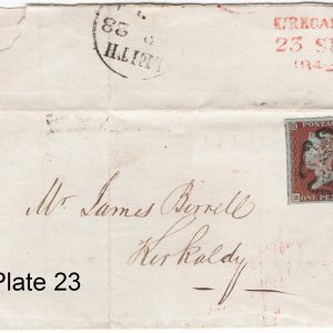 #073 GB 1841 1d red plate 23 RB fu, 4 large margins, with neat MX on EL, Leith to Kirkaldy c£120 sg8