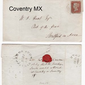 #075 GB 1841 1d red plate 24 FI fu Coventry MX, 4 mainly large margins, just touched lower left corner on 1842 EL, Coventry to Stratford-on-Avon sg8 c£2200