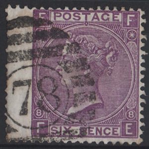 #249 GB 1867 6d mauve plate 8 sg109, rich colour, odd nibbled perf, fu, neat London '98' numeral