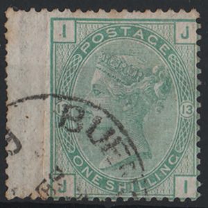 #295 GB 1873 1s green plate 13 odd nibbled perf otherwise vfu cds, scarce to get cds on this value sg150 c£50