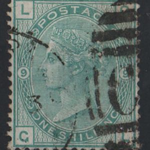 #292 GB 1873 1s deep green plate 9 nibbled perf otherwise fu, possibly used abroad sg148 c£125