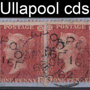 #193 GB 1854 1d red sg40 vfu pair on piece scarce Ullapool cds, large crown perf 14