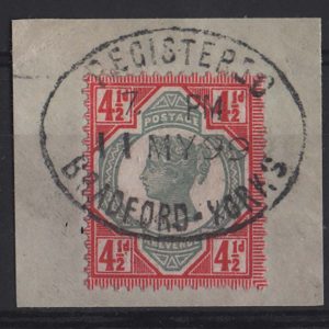 #347 GB 1887 4½d green & carmine superb used on piece sg206, crisp registered Bradford oval