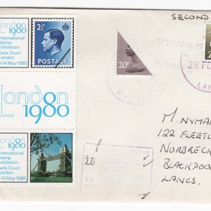 #532 GB 1980 Machin 20p bisected on cover, 'Stamps Invalid' marking - postage due charged