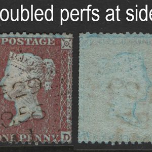 #187 GB 1854 1d red wmk large crown perf 14 blue paper fu with apparently doubled perfs at sides error