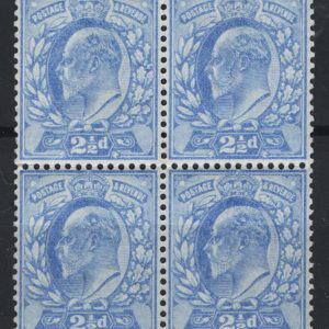 #362 GB 1902 2½d pale ultramarine sg231 fine um block of 4 c£136