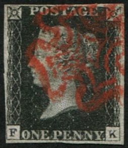 #050 GB 1840 1d black plate 4 FK vfu, neat red MX, four close-fine margins (Spec AS23) sg2