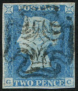 #061 GB 1840 2d blue plate 1 GC MILKY-BLUE FU, upright black MX, fine four margins, fresh. Spec DS3 c£3,000 sg5var