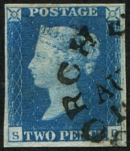 #059 GB 1840 2d blue plate 2 SD (sg5h) DORCHESTER TOWN cds, lovely strike leaving clear Queens profile & 4 fine-large margins c£7,000