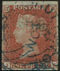 #129 GB 1841 1d red plate 130 JE BLUE TOWN cds, two fine strikes, four good-large margins. c£1,800 sg8o