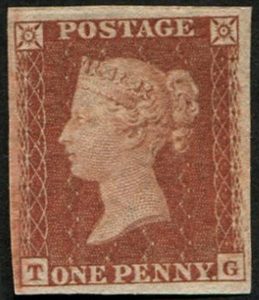 #149 GB 1854 1d red sg17 (plate 197 TG) IMPRIMATUR four fine-large margins. Very fresh. Spec C1 c£850