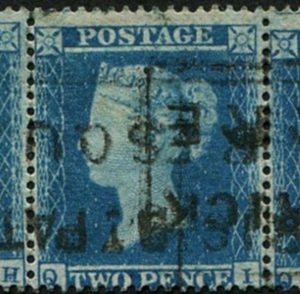 #152 GB 1854 2d blue sg19 (plate 4 QH-QJ) STRIP OF THREE vfu, St PATRICK SQ SCOTS BOX CANCELS