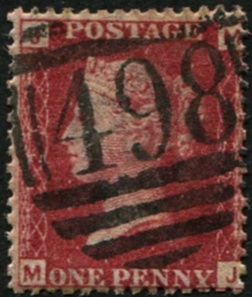 #218 GB 1858 1d sg43, plate 225 DEEP SHADE fu, well centred neat 498 (Manchester) numeral (c£700)