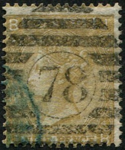 #234 GB 1865 9d sg98 vfu, light upright London 78 numeral & part Blue transit cds (c£500)
