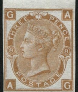 #244 GB 1867 3d sg103, plate 8 IMPERF COLOUR TRIAL IN OLIVE-BROWN good four margins(c£2,500)