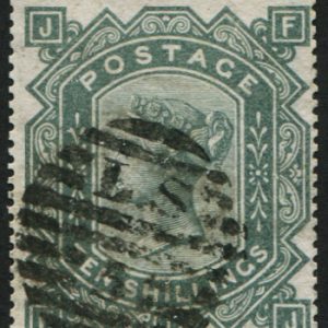 #265 GB 1867 10s GREEN sg128 FU, London ‘L.S.5’ numeral, re-perfed on R/H side c£3,200