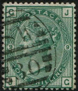#293 GB 1873 1s sg148, plate 9 VARIETY, VERY DEEP GREEN fu, well centred, crisp London S.W.30 numeral