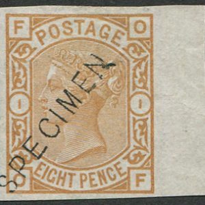 #302 GB 1876 8d sg156 IMPERF COLOUR TRIAL IN ORANGE-BROWN ovpt Specimen TYPE 11, vf mint marginal (c£425)