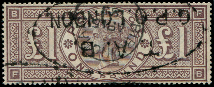 #334 GB 1884 £1 BROWN sg185 (wmk Crowns) vfu, Birmingham 1885 cds and light London GPO oval cancel (c£3,000)