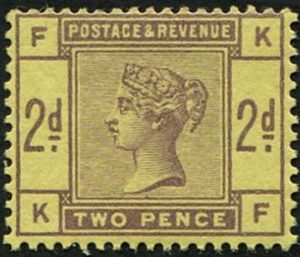 #331 GB 1883 2d sg189 COLOUR TRIAL IN PURPLE ON YELLOW (no wmk, perf 14) vf mint