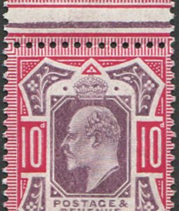 #369 GB 1902 10d sg255 SLATE-PURPLE (C) um, top marginal (Spec M43/2)