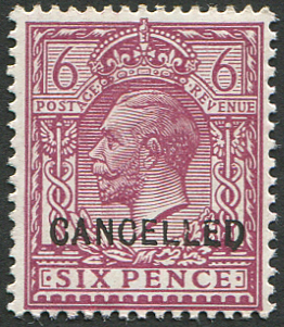 #429 GB 1912 6d sg385 ovpt CANCELLED TYPE 24, (Very Deep Reddish-Purple) um, fresh & scarce (Spec N26v), Hendon Cert
