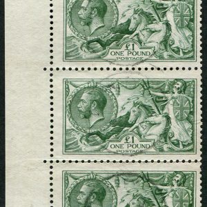 #438 GB 1913 £1 sg404 Dull Blue-Green STRIP OF THREE CORNER MARGINAL, vfu, crisp light Guernsey.1916 cds.